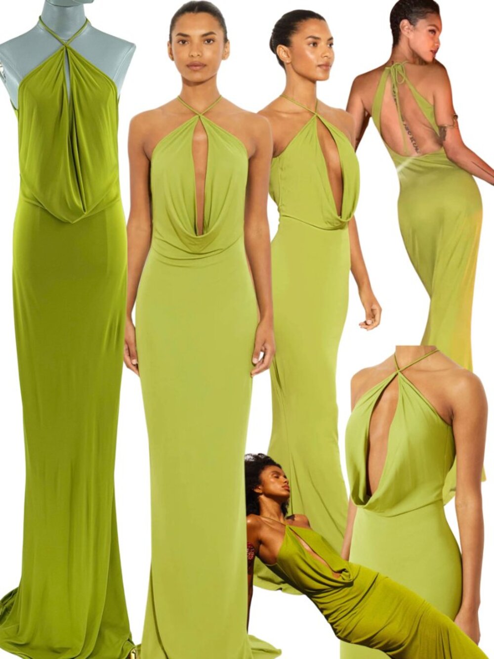 🆕 RAT & BOA 🧿 NWOT Giovana Cowl Keyhole Plunge Halter Maxi Dress, Green - Sz L